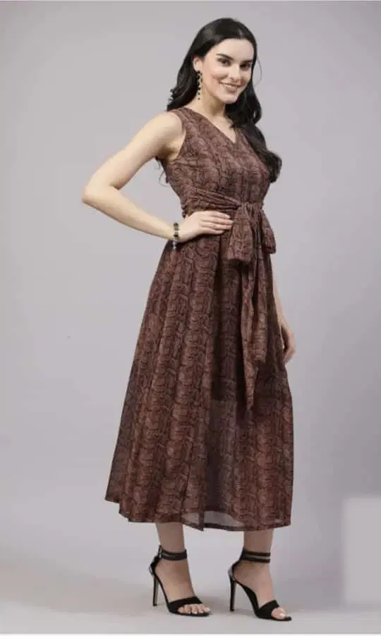 Women's Brown Printed Sleeveless Midi Dress