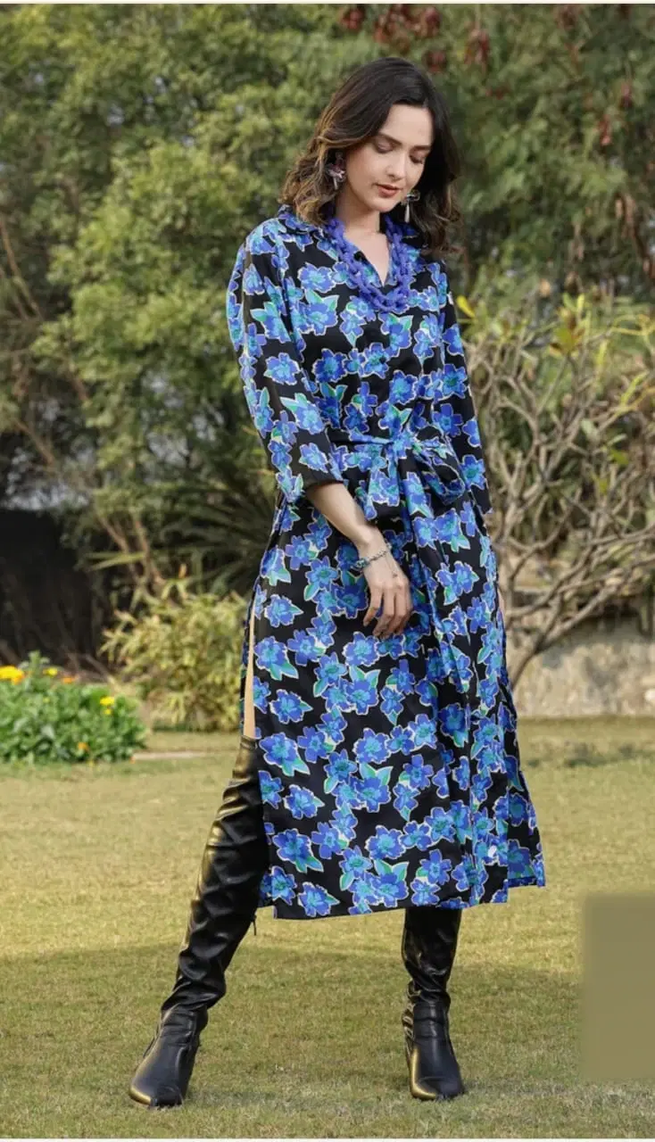 Women Blue Floral Printed Belted Kurta Dress