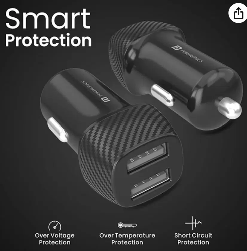 Portronics Dual USB Car Charger with Smart Protection