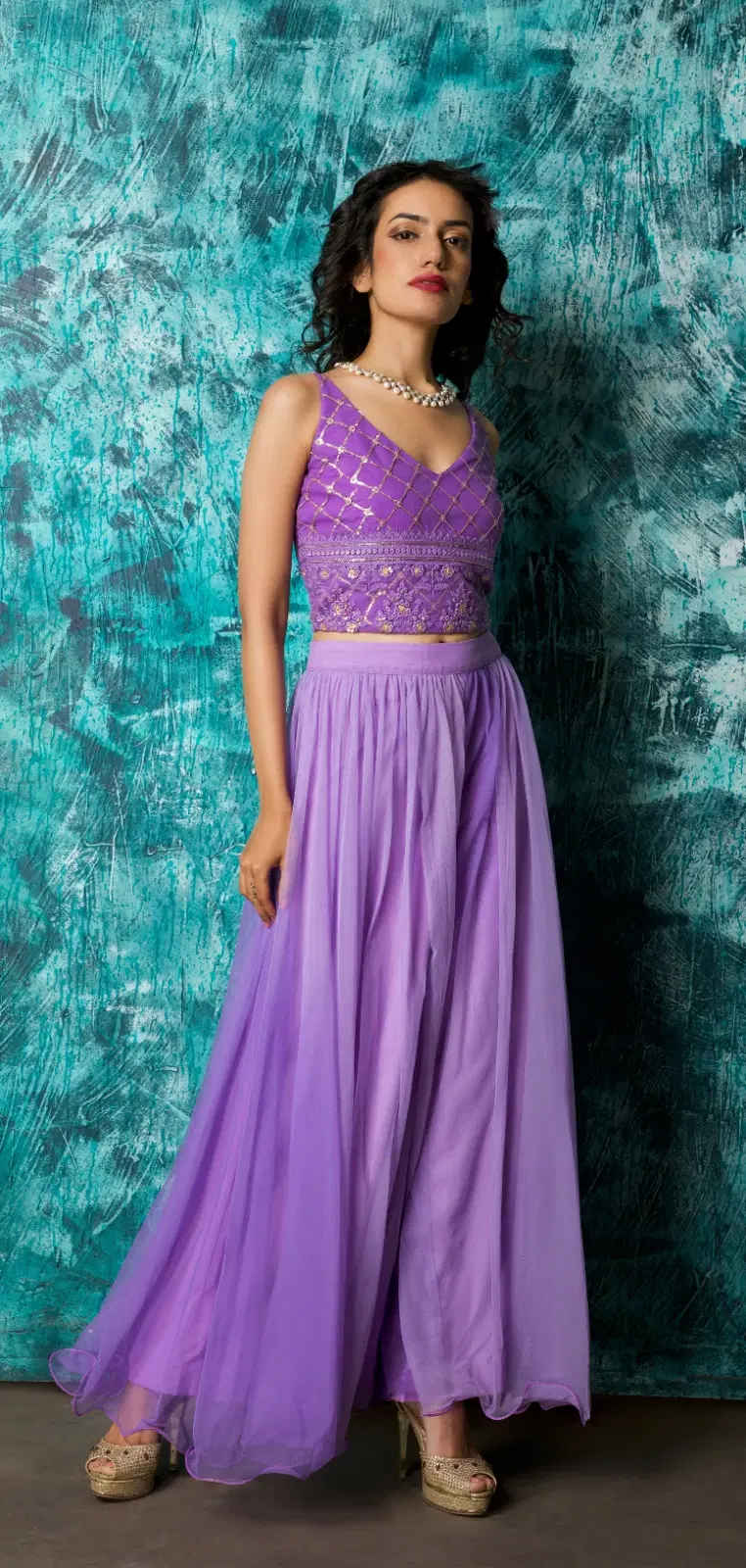 Women’s Lavender Embroidered Crop Top with Flared Palazzo Set