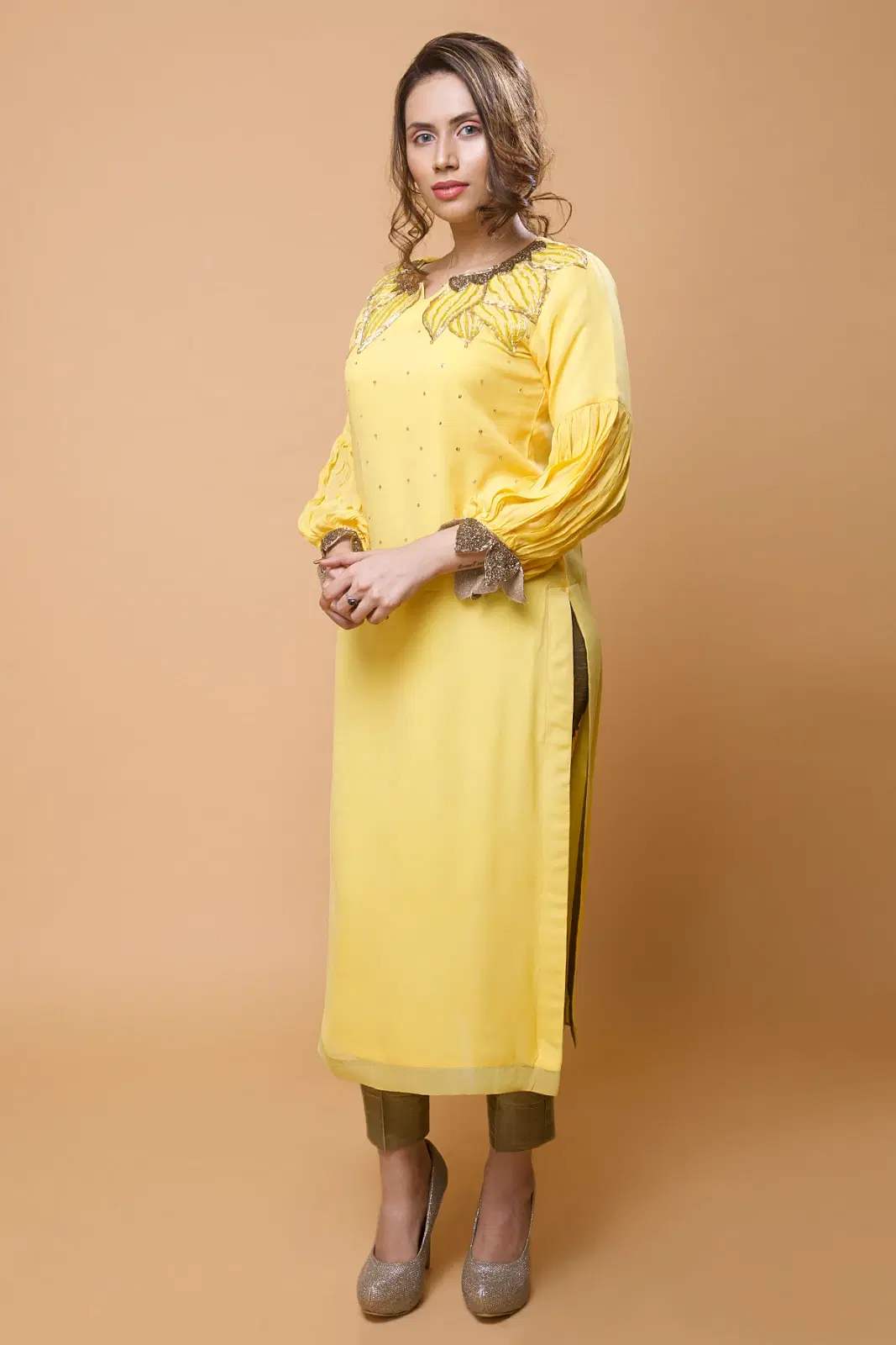 Women Yellow Embellished Straight Kurta
