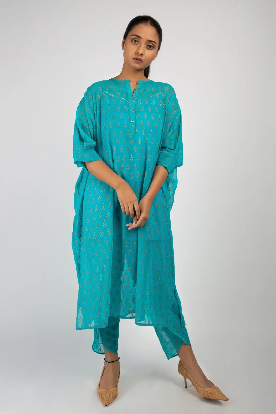 Women’s Turquoise Printed kaftan Kurta with tulip Pants Set