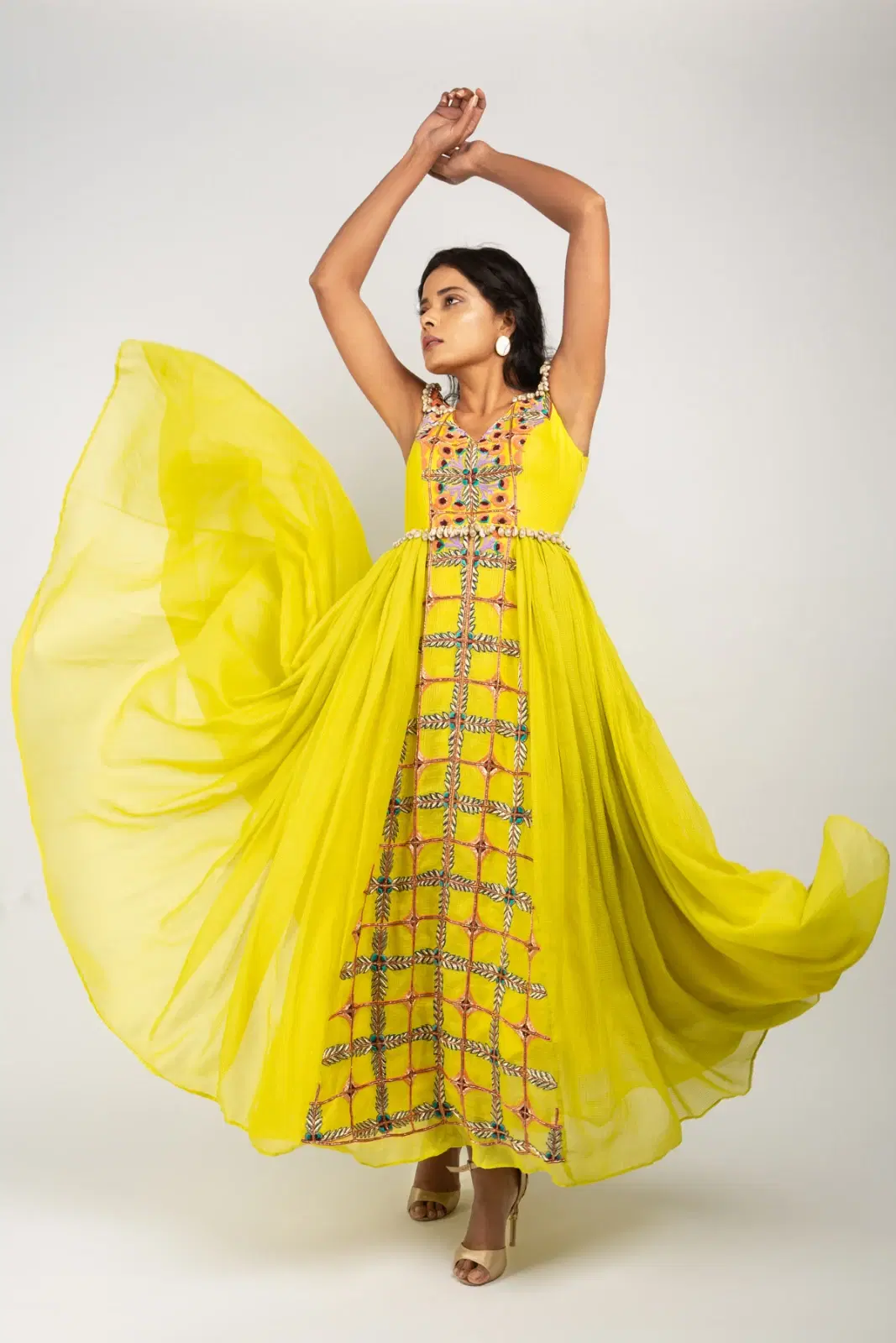 Women’s Embroidered lemon green Party Wear Gown