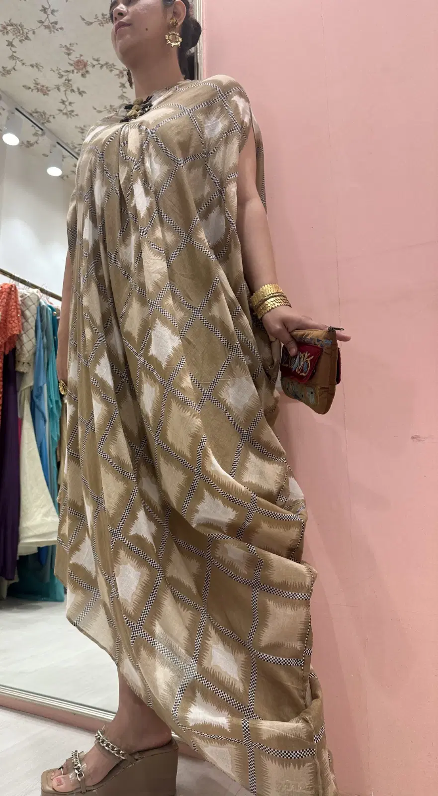 Women’s Beige Geometric Print Drape Dress