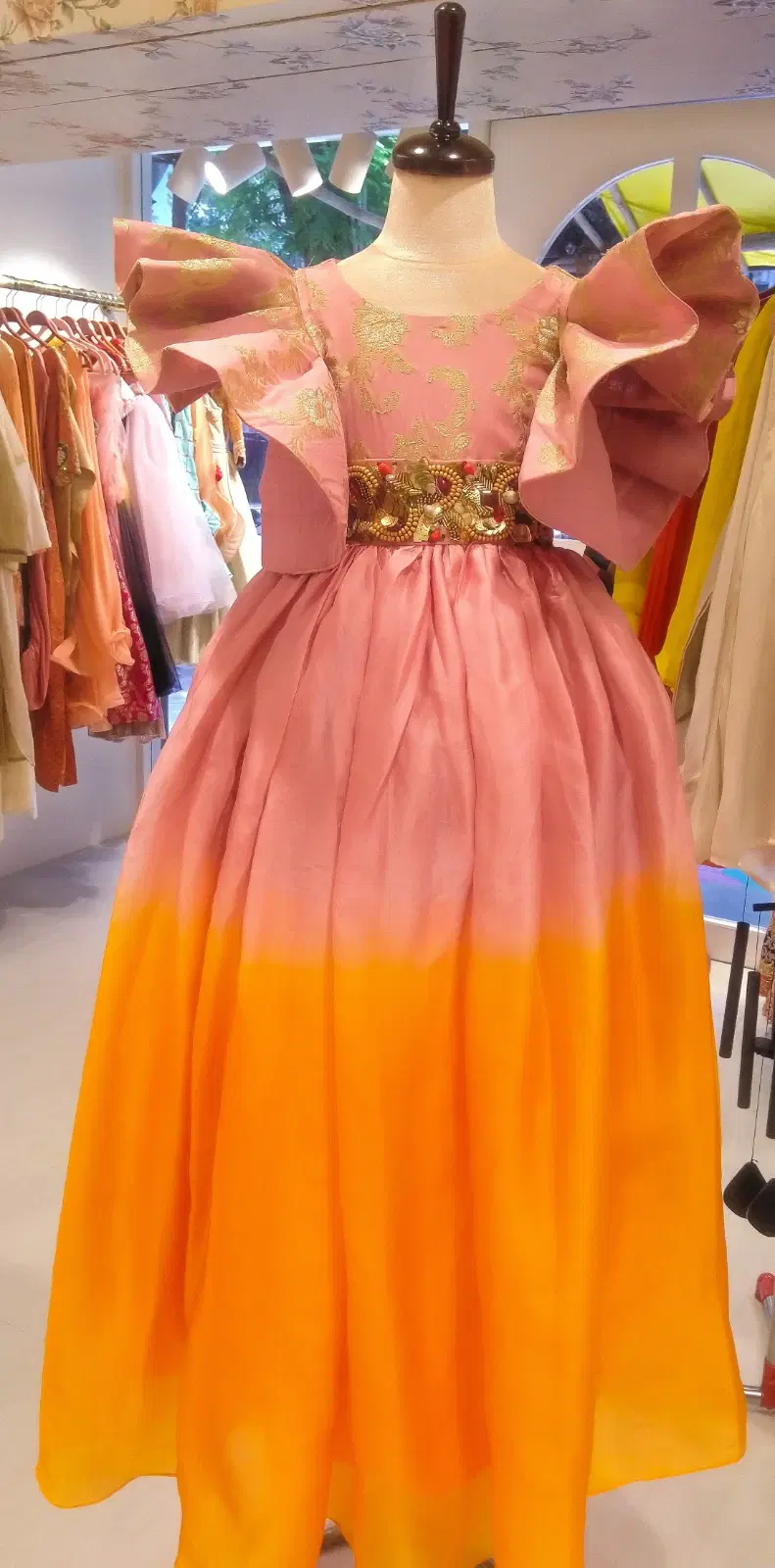 Girls Pink to Orange Ombre Party Gown with Ruffle Sleeves