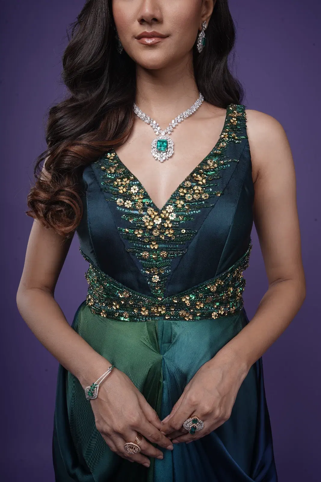 Women's peacock Green Wedding wear Drape Gown