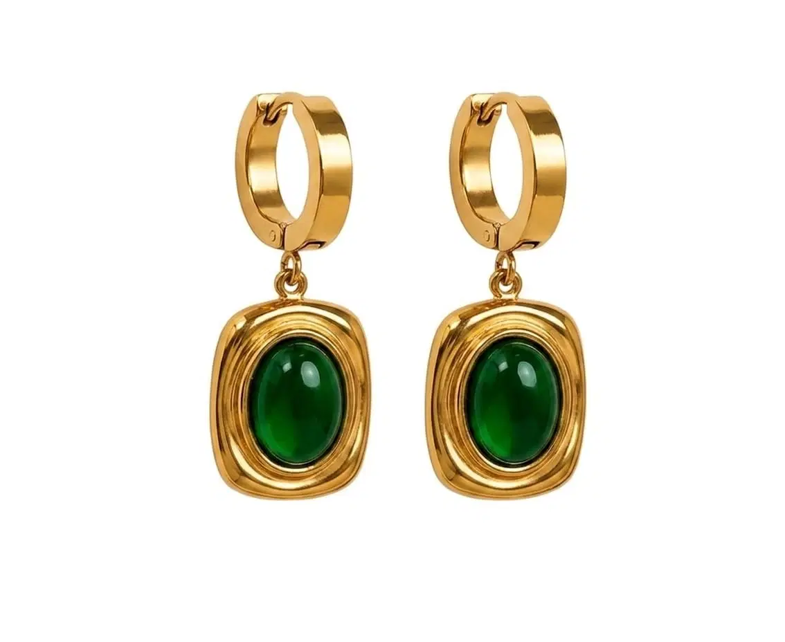Gold-Tone Green Stone Drop Hoop Earrings