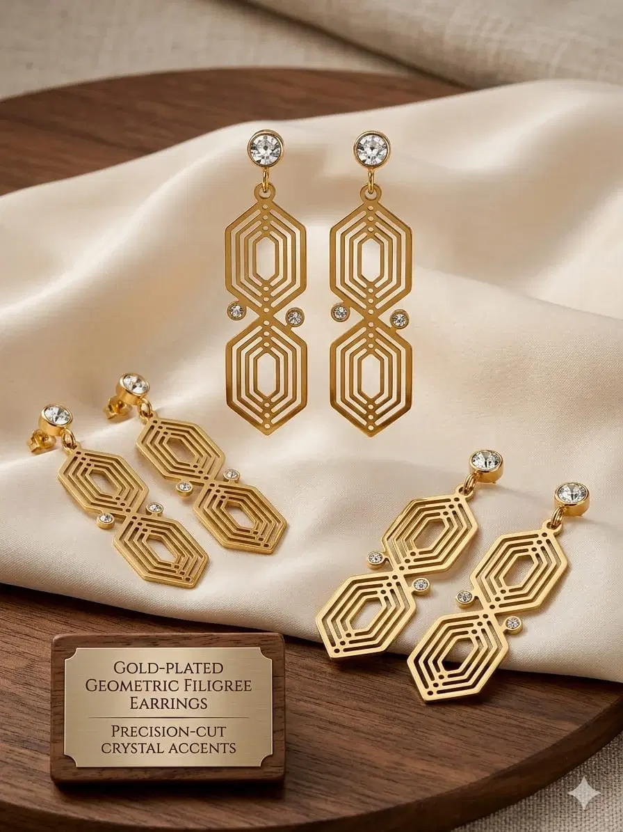 Gold-Plated Geometric Filigree Drop Earrings with Crystal Accents