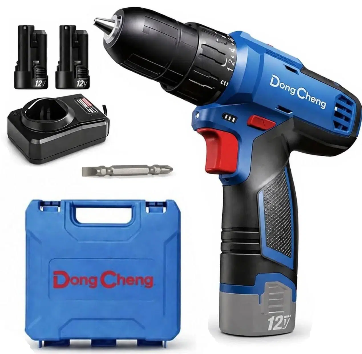 DongCheng 12V Cordless Drill Driver Kit with 2 Batteries, Charger and Carry Case