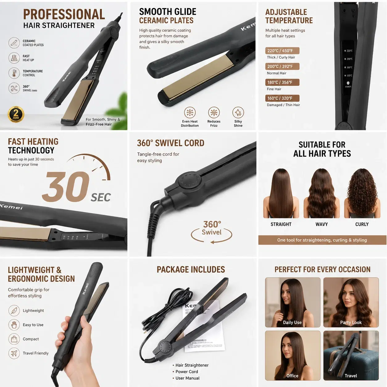 Kemei Professional Hair Straightener with Ceramic Coated Plates