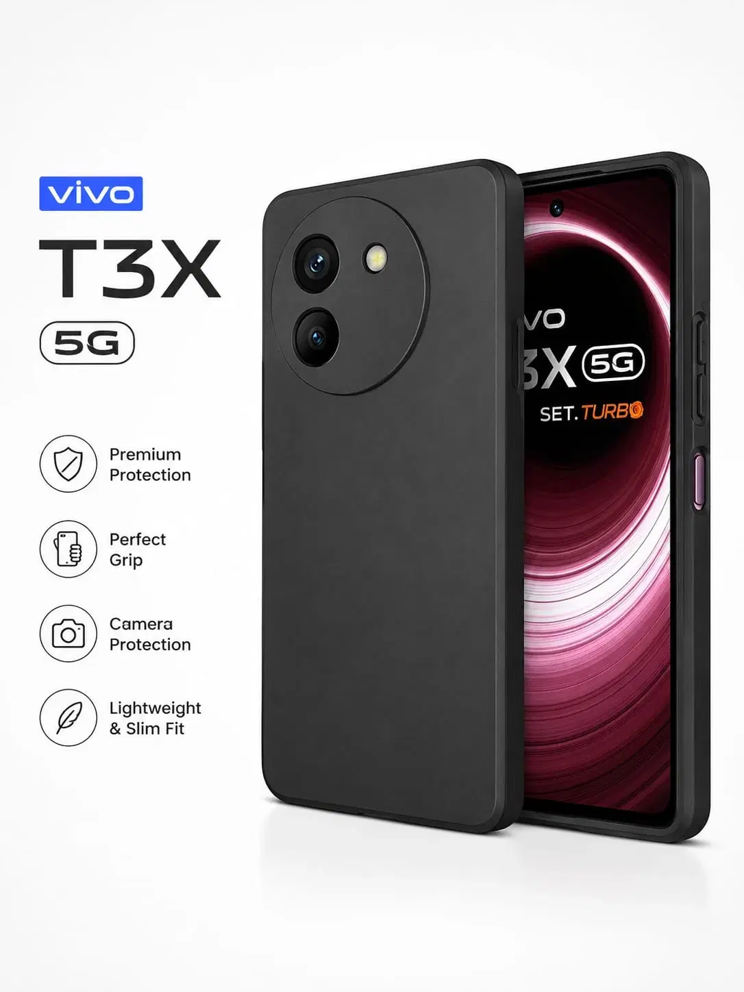 Vivo T3X 5G Premium Slim Protective Back Cover Case - Black