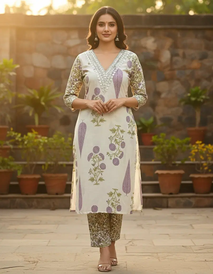 Women’s Floral Printed V-Neck Kurta with Straight Pants Set