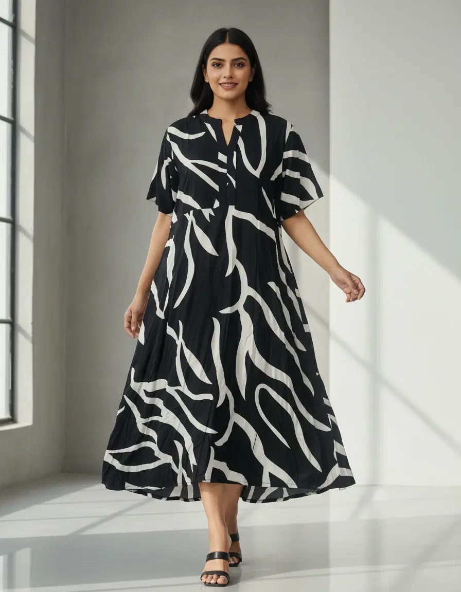 Women's Black & White Abstract Print Midi Dress