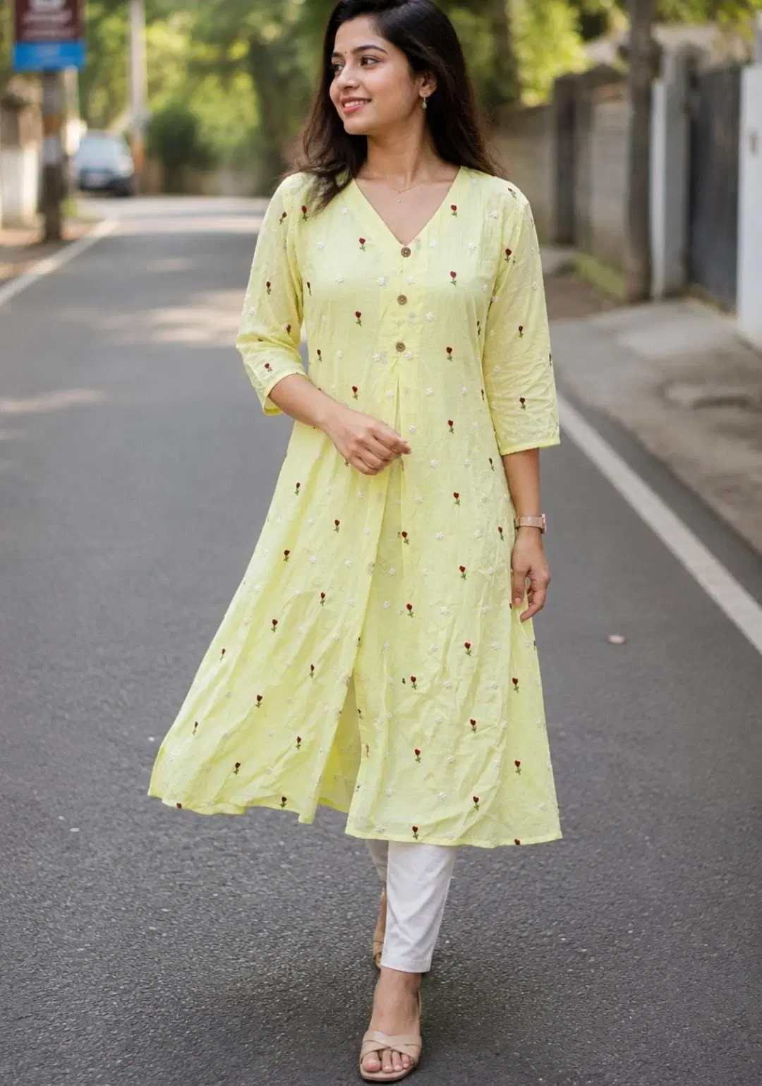 Women’s Light Yellow Embroidered A-Line Kurta