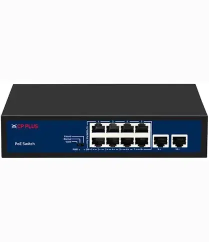 CP Plus 8-port PoE switch with 2 uplink Ethernet ports in black metal desktop housing
