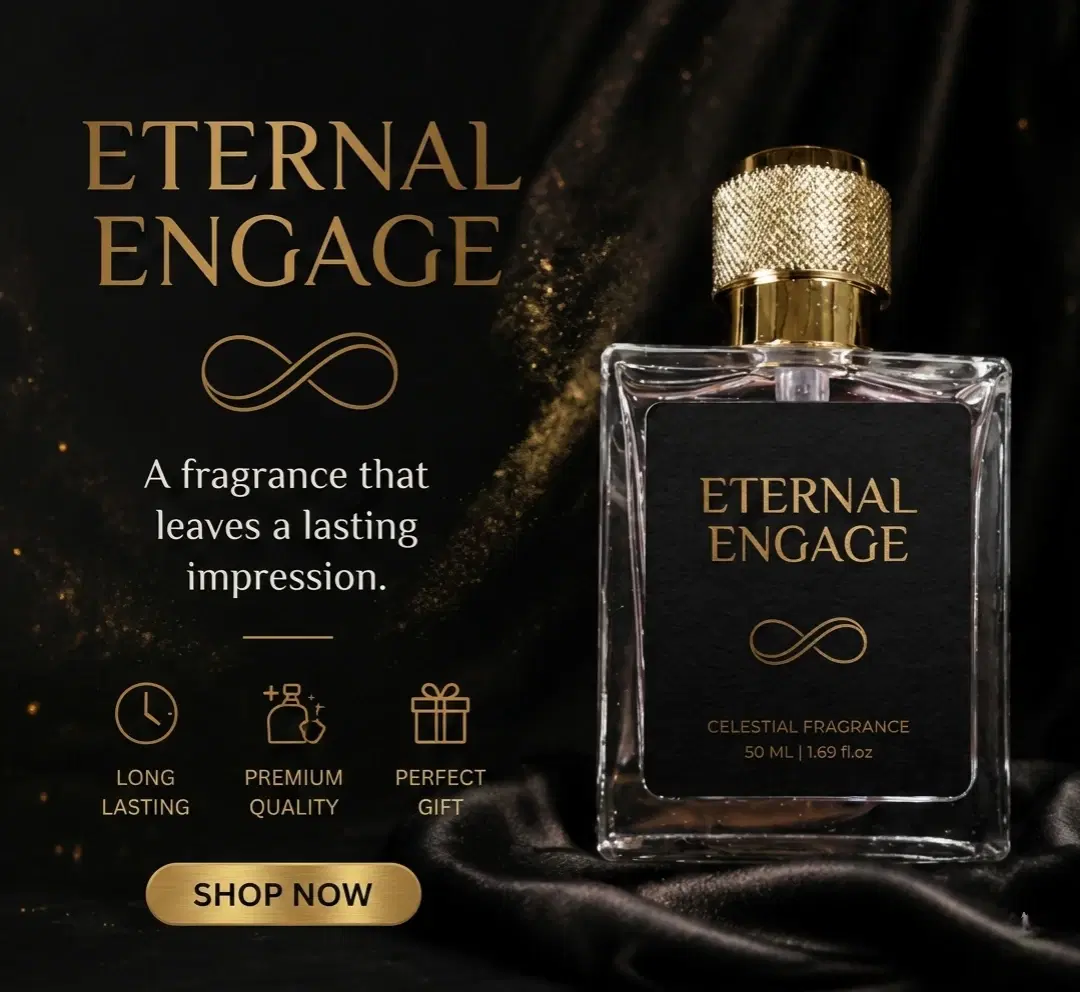 Eternal Engage Celestial Fragrance perfume bottle with gold cap on black satin background, 50ml