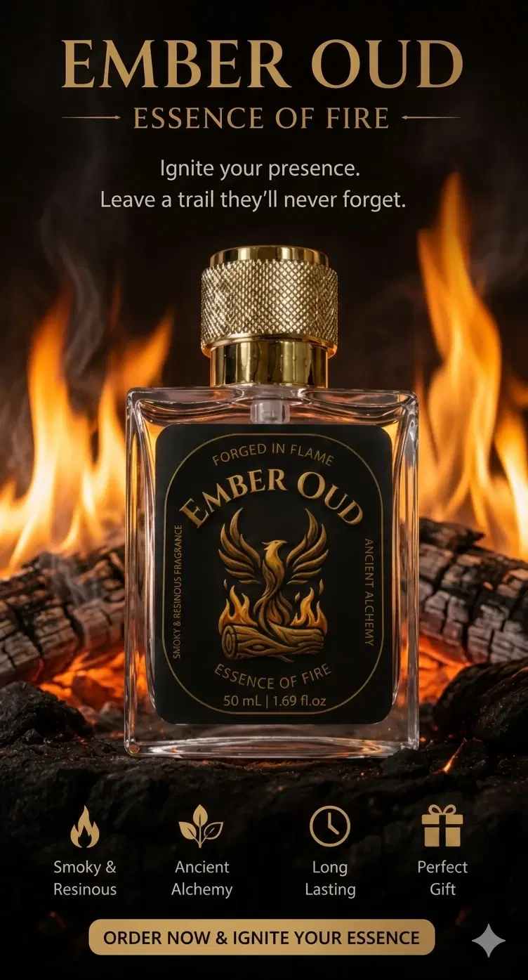 Ember Oud Essence of Fire perfume bottle with gold cap against glowing flames, 50 mL