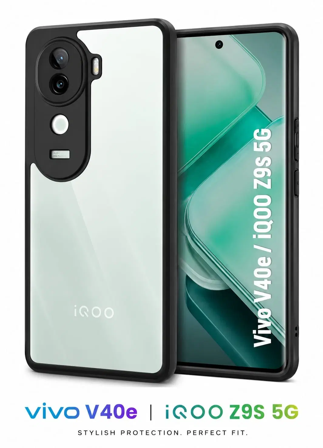 Transparent black bumper phone case shown on Vivo V40e and iQOO Z9s 5G with raised camera cutout