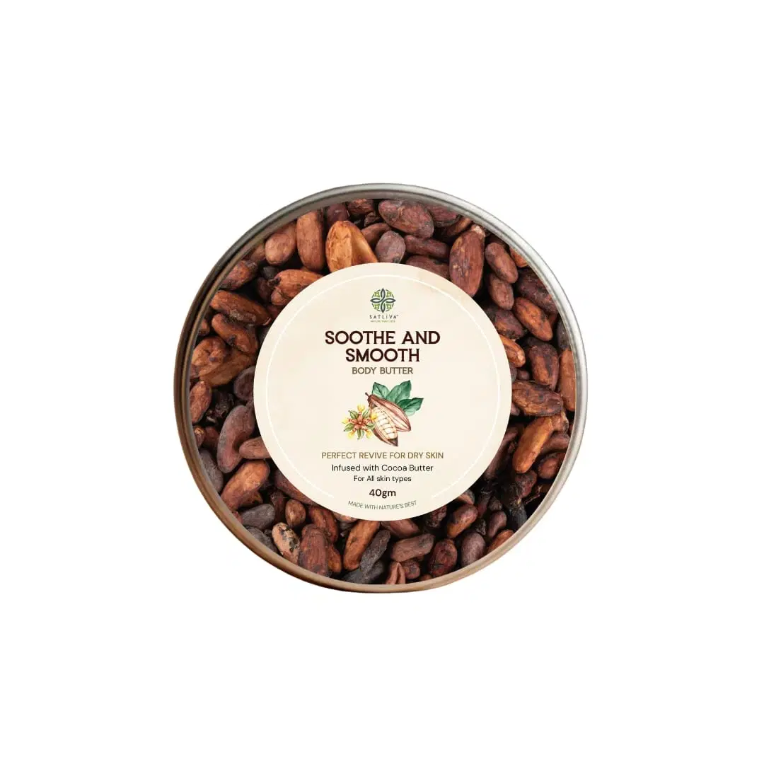Satliva Soothe and Smooth Body Butter 40g tin placed on a bed of cocoa beans