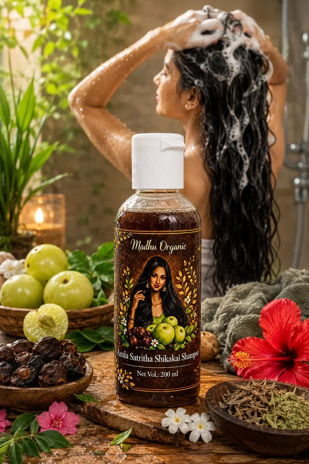 Madhulika Organic Care Amla Satritha Shikakai Shampoo bottle with herbs and woman washing hair