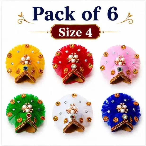 Premium Handmade Laddu Gopal Ji Crown Size 4 | Kundan Stone Mukut | 6 Colour Combo | Pack of 6