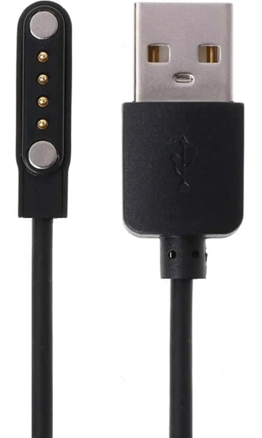 Black USB charging cable with 4-pin magnetic smartwatch connector
