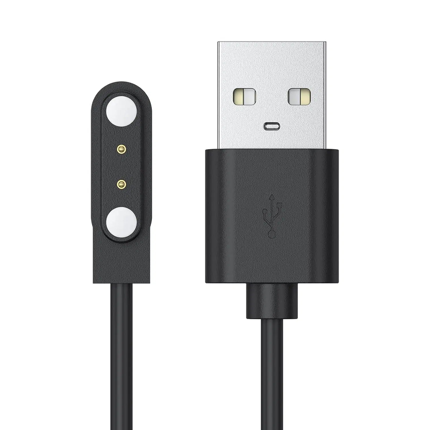Black magnetic smartwatch charging cable with USB-A connector and two-pin charging head