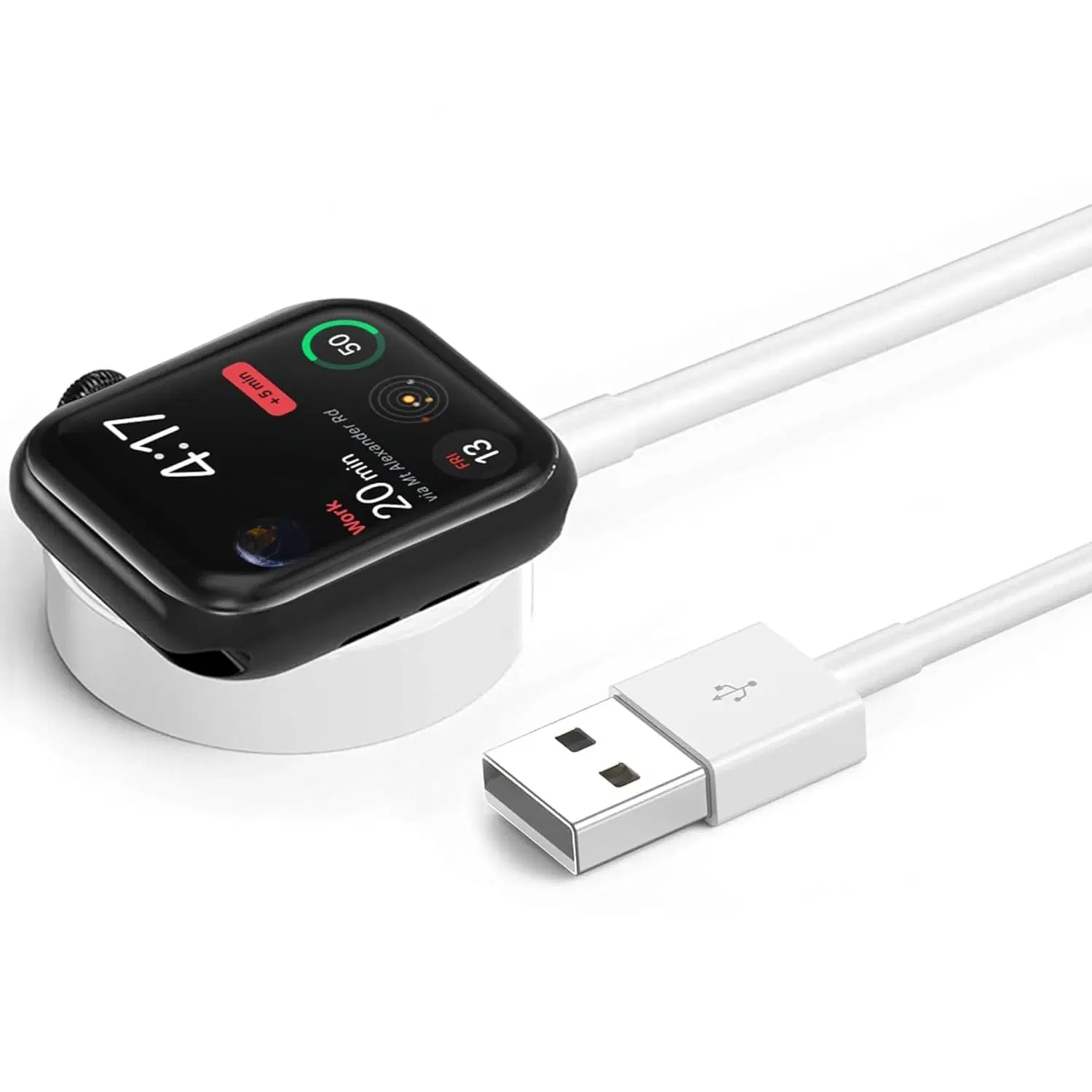 Black magnetic USB charging puck and cable for Apple Watch displayed on a white background
