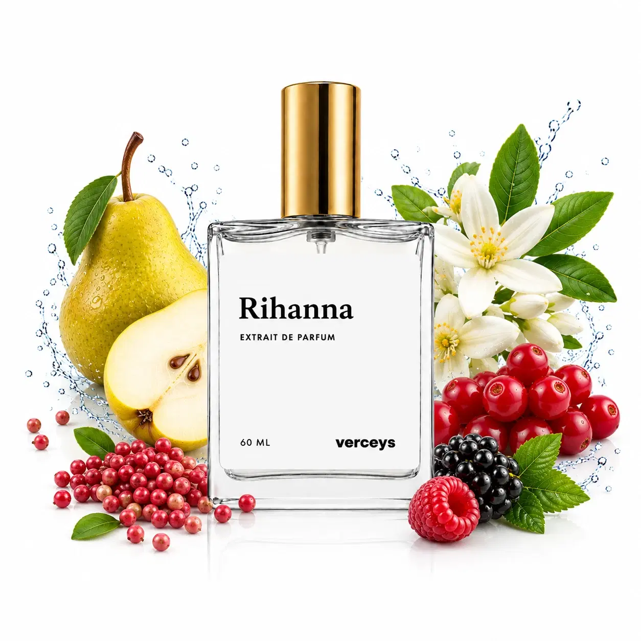 Verceys Rihanna Extrait de Parfum 60 ml bottle with gold cap, pear, berries and white flowers