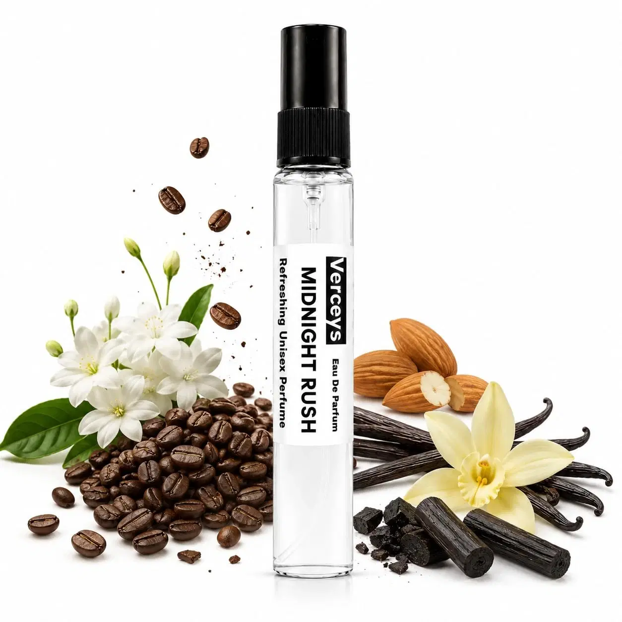 Verceys Midnight Rush unisex perfume spray bottle with coffee beans, white flowers, almonds and vanilla pods