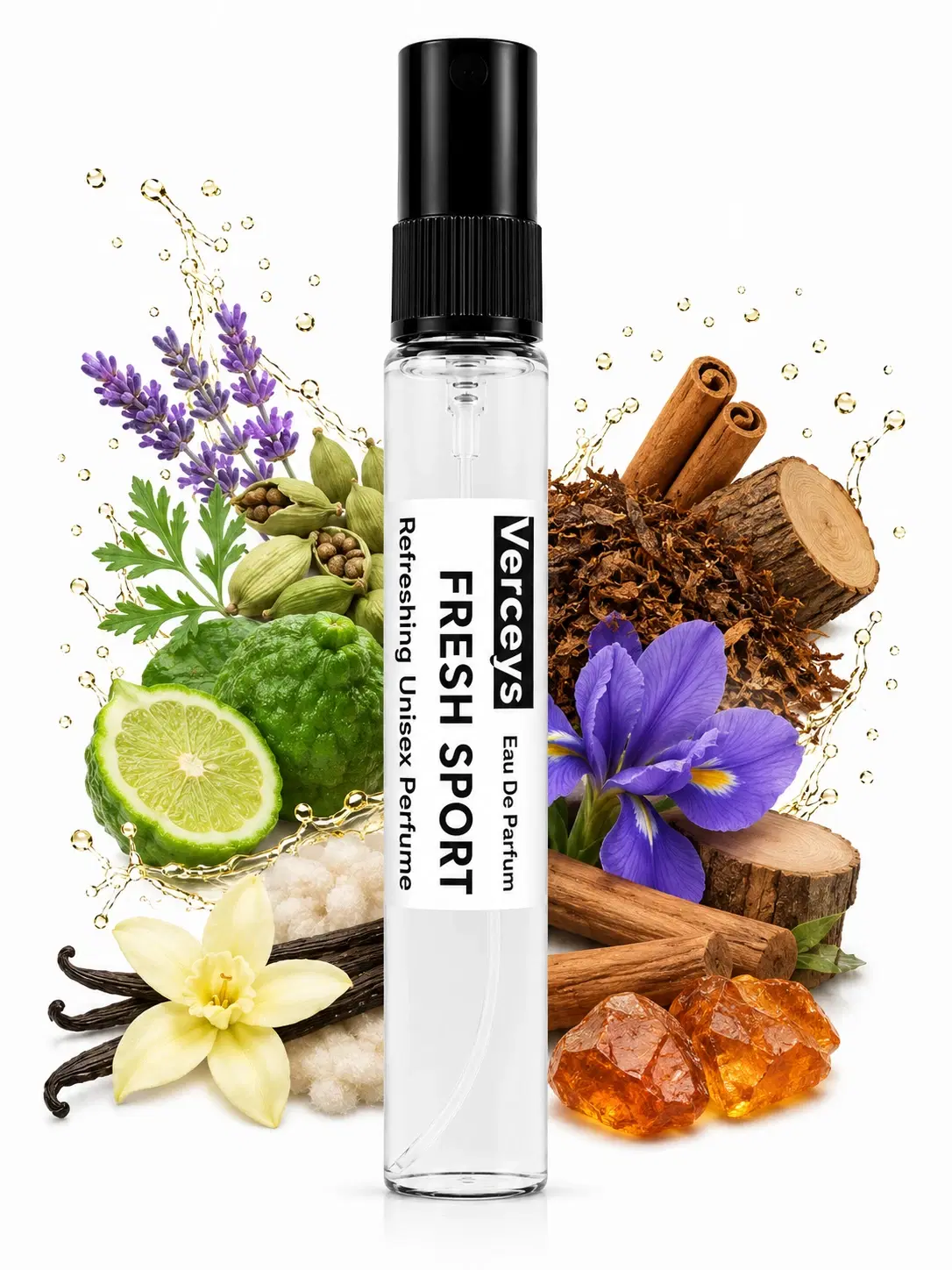 Verceys Fresh Sport unisex perfume spray bottle with bergamot, lavender, vanilla, cinnamon and woody notes