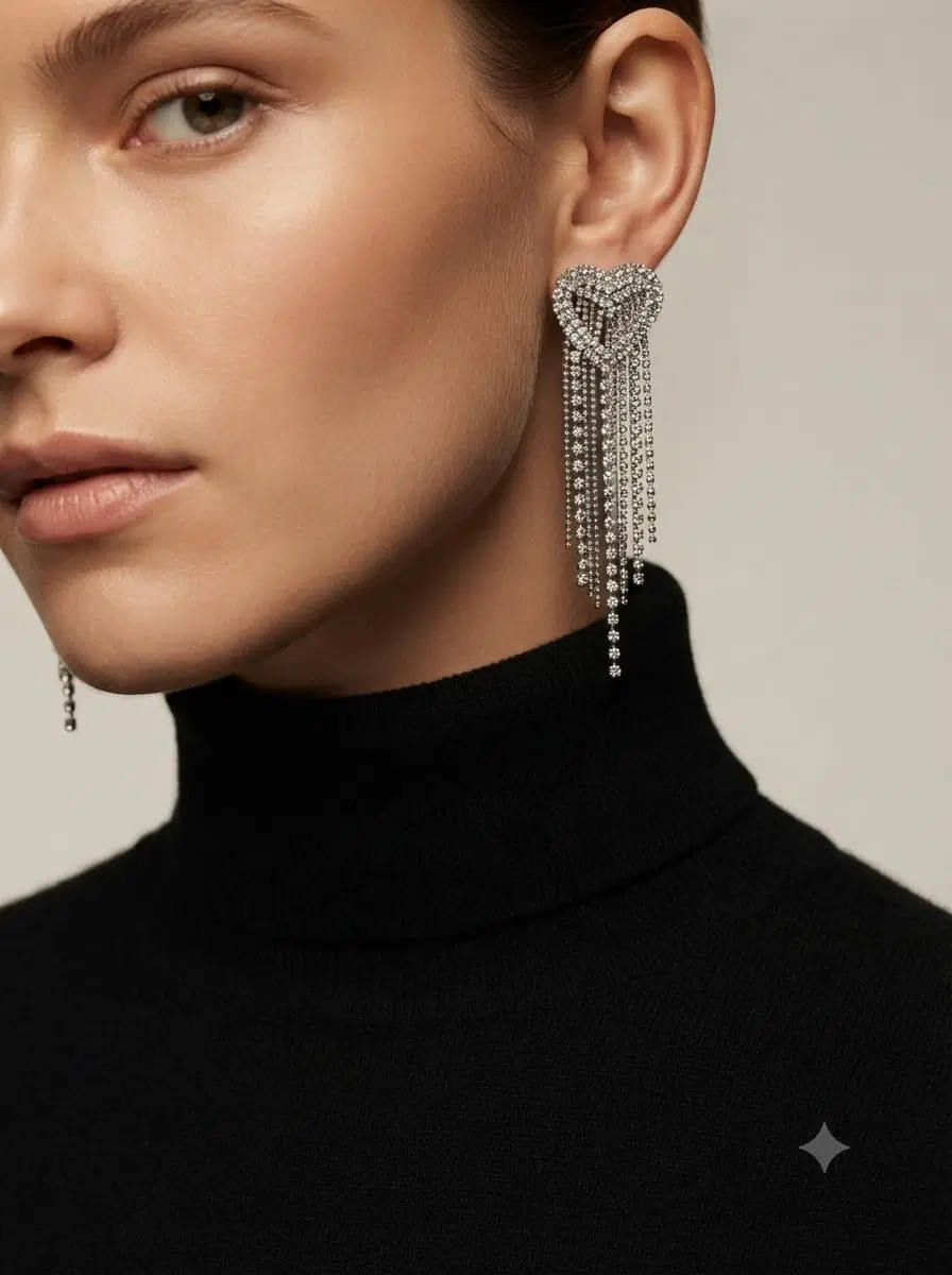 Model wearing silver-tone rhinestone heart tassel drop earrings with a black turtleneck