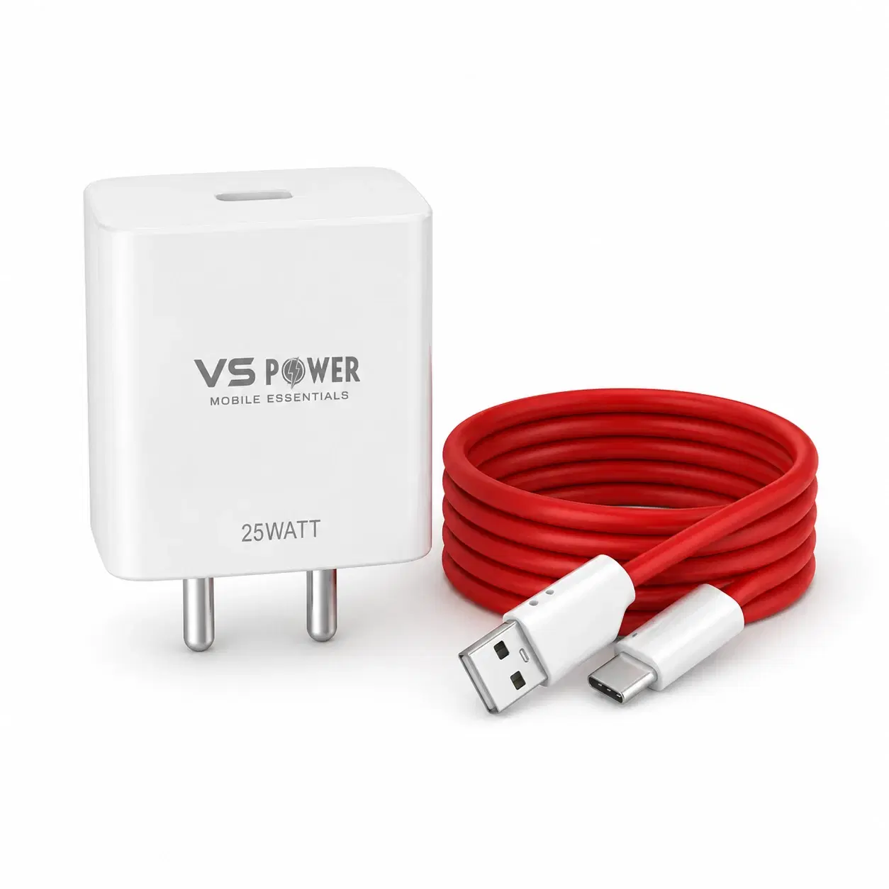 White VS Power 25W wall charger with red USB to USB-C charging cable