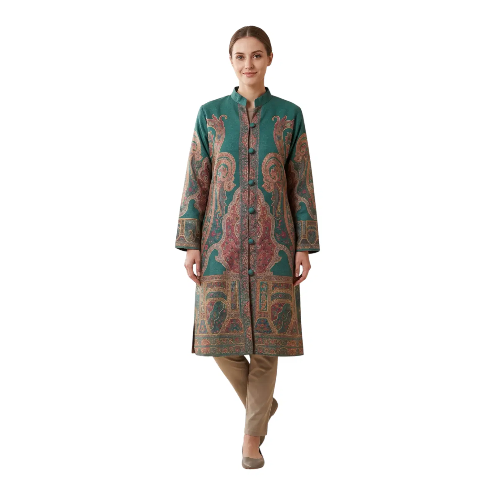 Women's Teal Paisley Printed Longline Ethnic Jacket