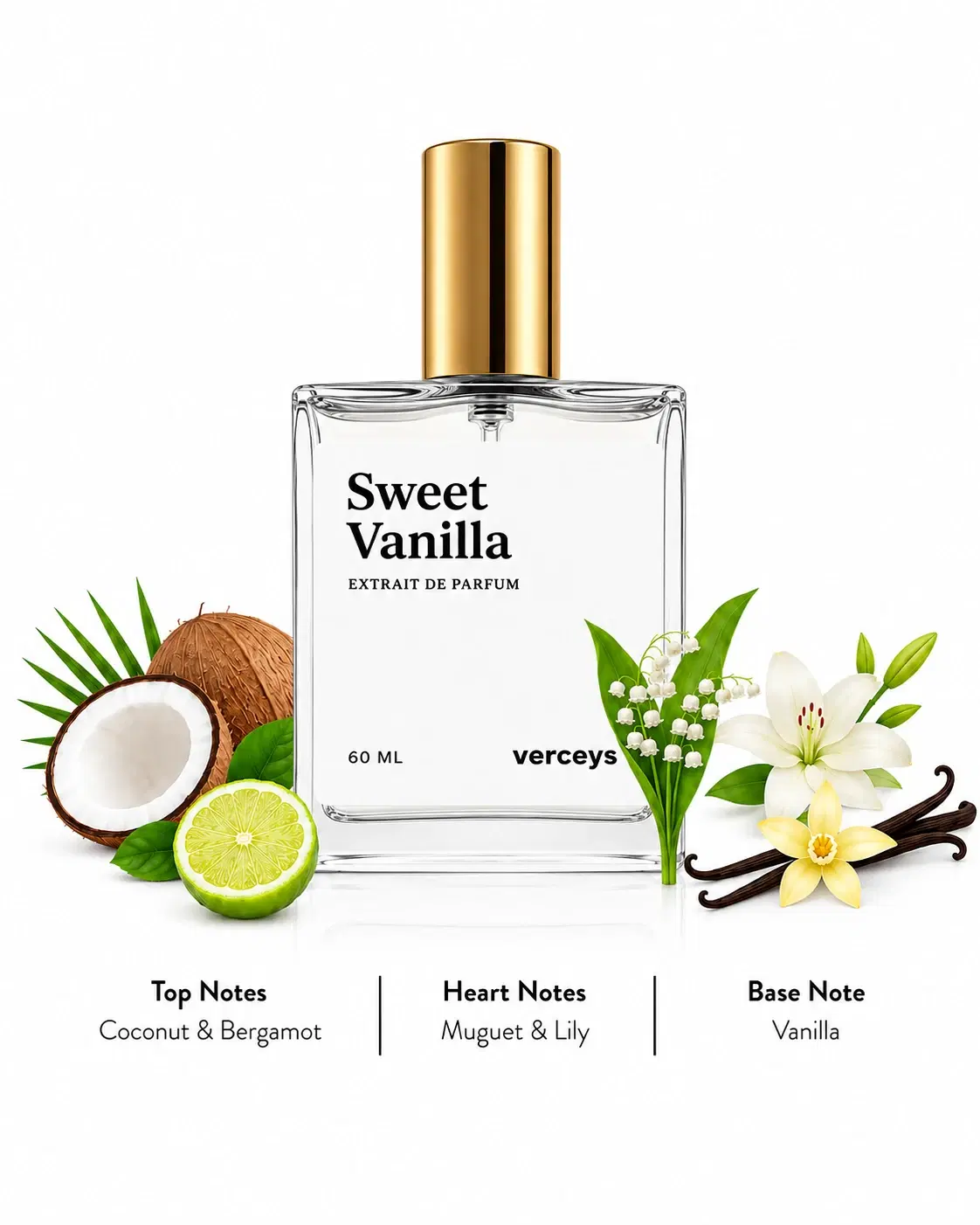 Verceys Sweet Vanilla 60 ml perfume bottle with gold cap, coconut, lime, lily, muguet and vanilla pods