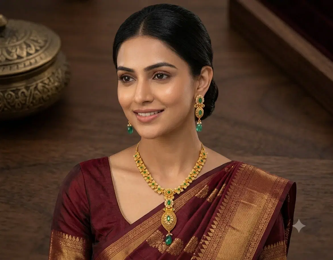 Women's Gold-Toned Green Stone Necklace and Earrings Set