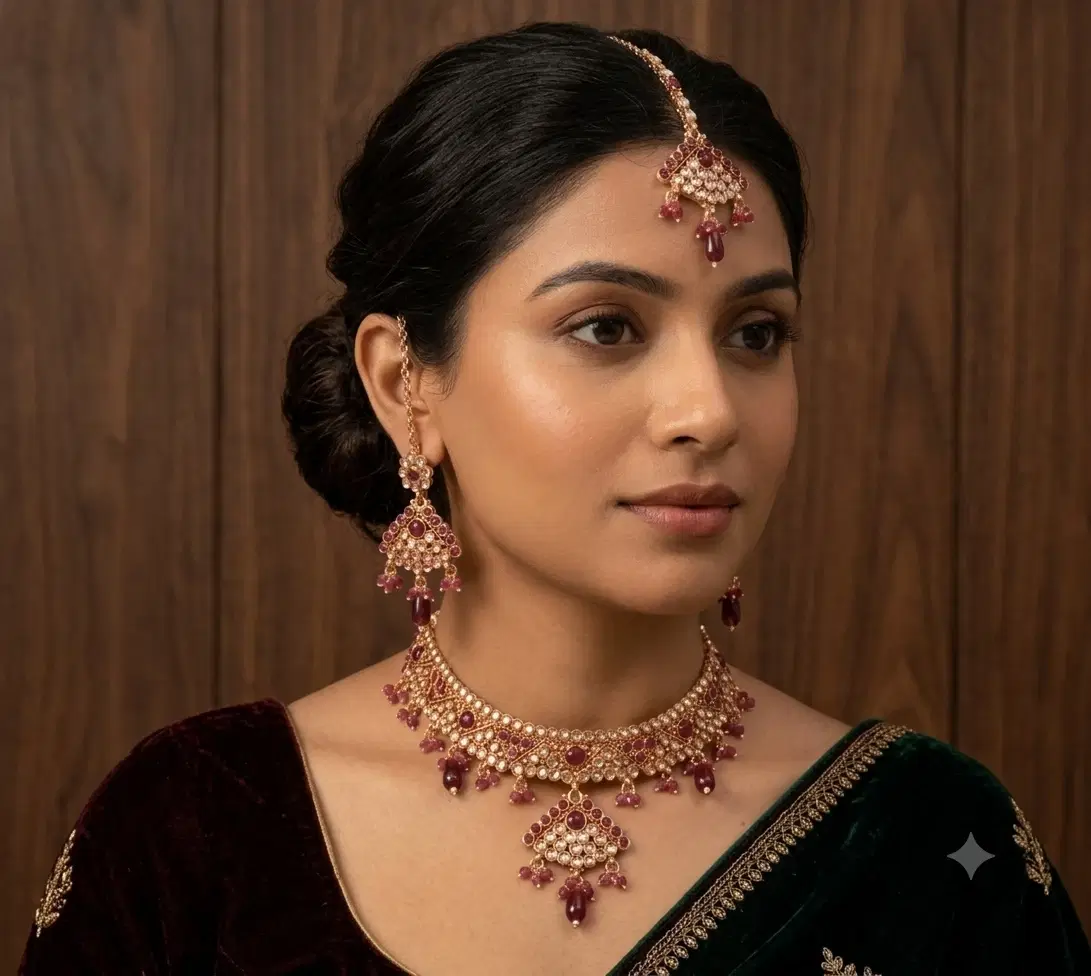 Women's Traditional Pearl & Maroon Stone Jewellery Set with Maang Tikka