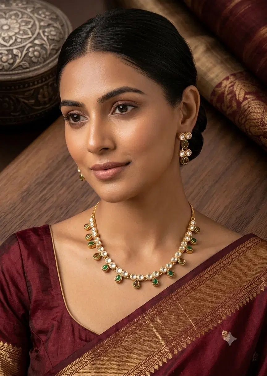 Woman wearing a gold-tone pearl and green stone necklace set with matching drop earrings and maroon saree