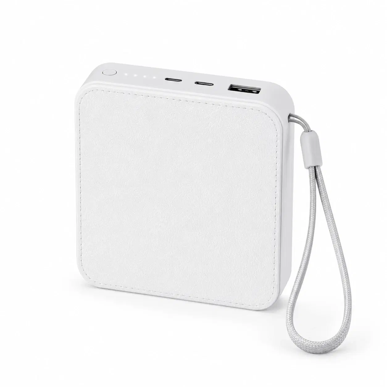 White portable power bank with textured finish, USB-A and dual USB-C ports, LED indicators and wrist strap