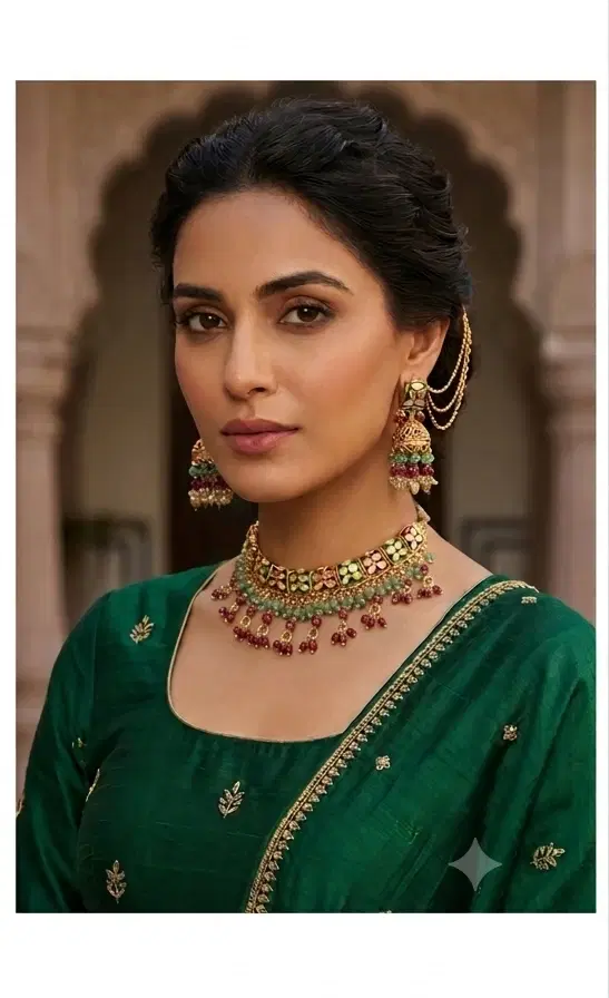 Woman wearing a green outfit with kundan choker necklace and matching jhumka earrings
