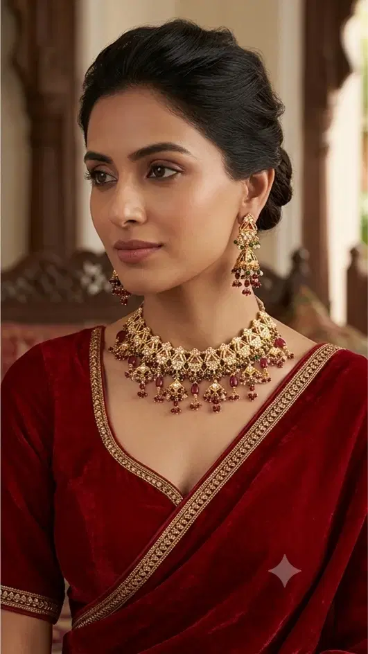 Woman wearing a gold-toned kundan choker necklace with matching red stone drop earrings and red saree