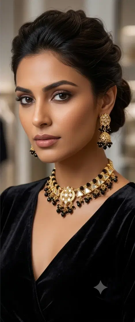 Woman wearing a gold-tone black beaded necklace with matching chandelier earrings