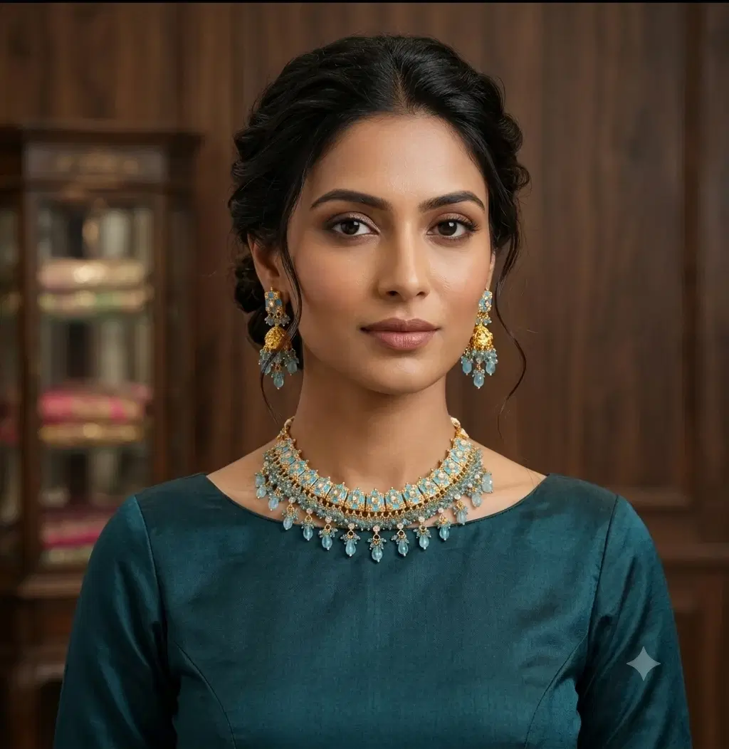 Woman wearing a blue stone embellished traditional necklace with matching drop earrings