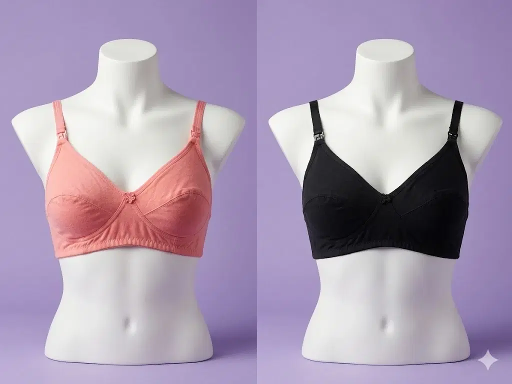 Pink and black wireless nursing bras with adjustable straps displayed on white torso mannequins