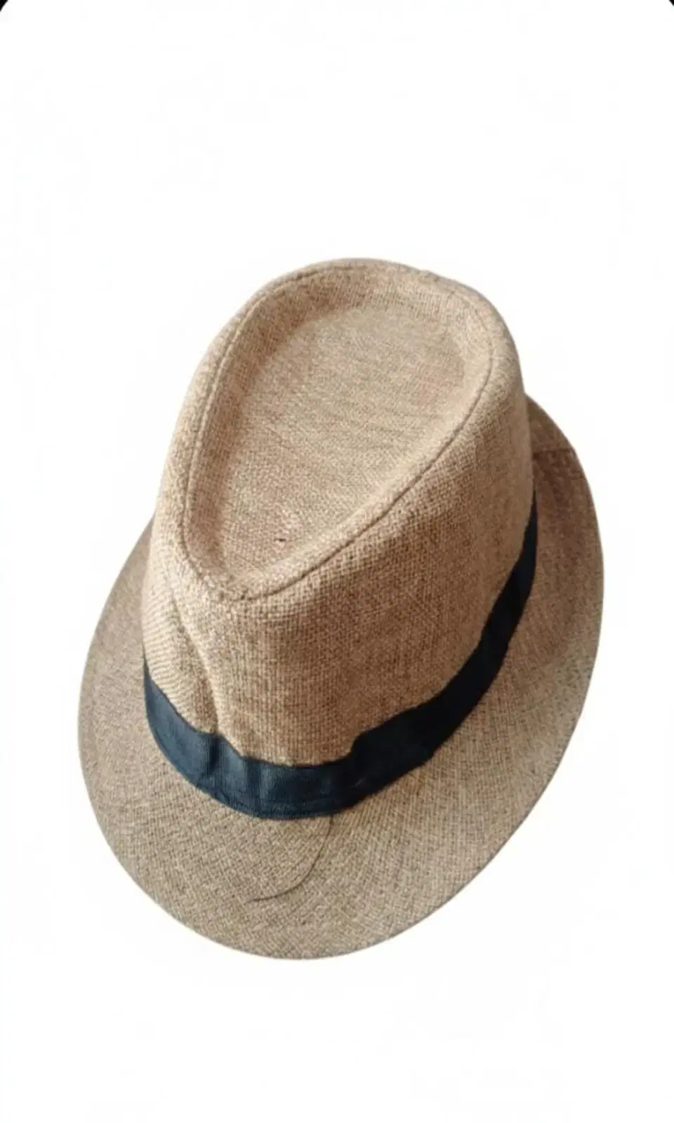 Beige woven fedora hat with a black band on a white background