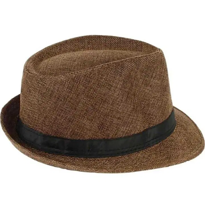 Brown textured fedora hat with a black band and short brim on a white background