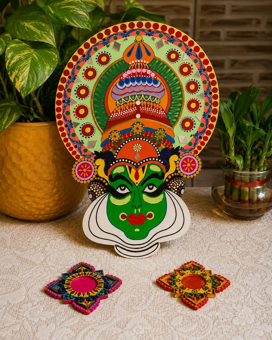 Kathakali Face Wall Art with 2 Free Candle Holders