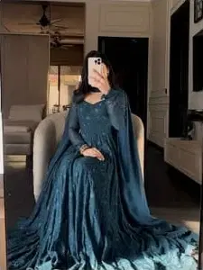 Women Navy Blue Anarkali Suit with Dupatta