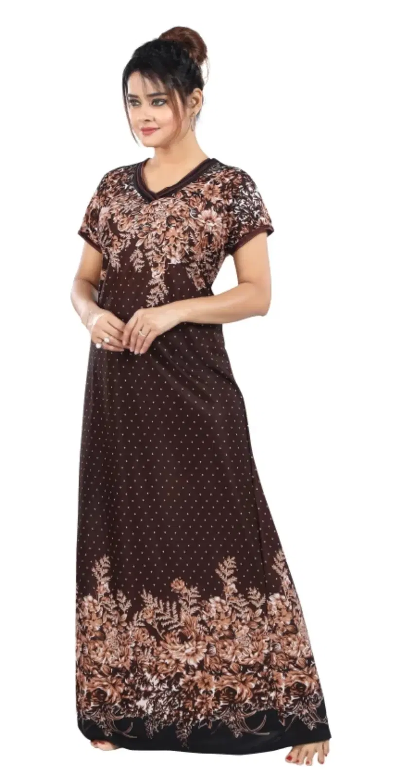 Woman wearing a brown floral print full-length nightdress with short sleeves and V-neck