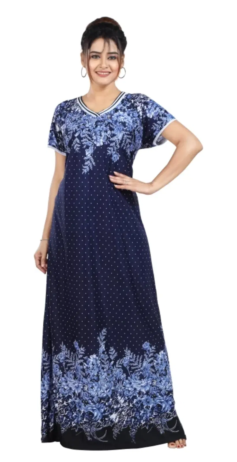 Woman wearing a navy blue floral printed full-length nightdress with short sleeves and V-neck